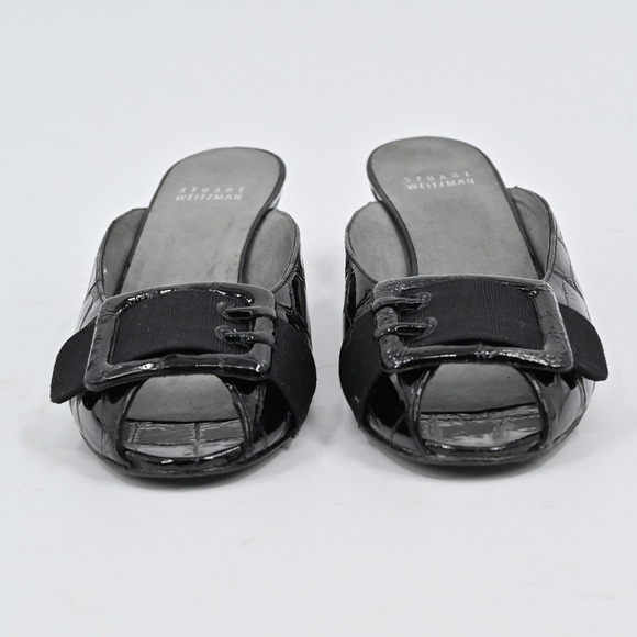 Stuart Weitzman Peep Toe Wedges Womens Sz 6.5 Black Patent Croc Embossed Slip On - Picture 5 of 9